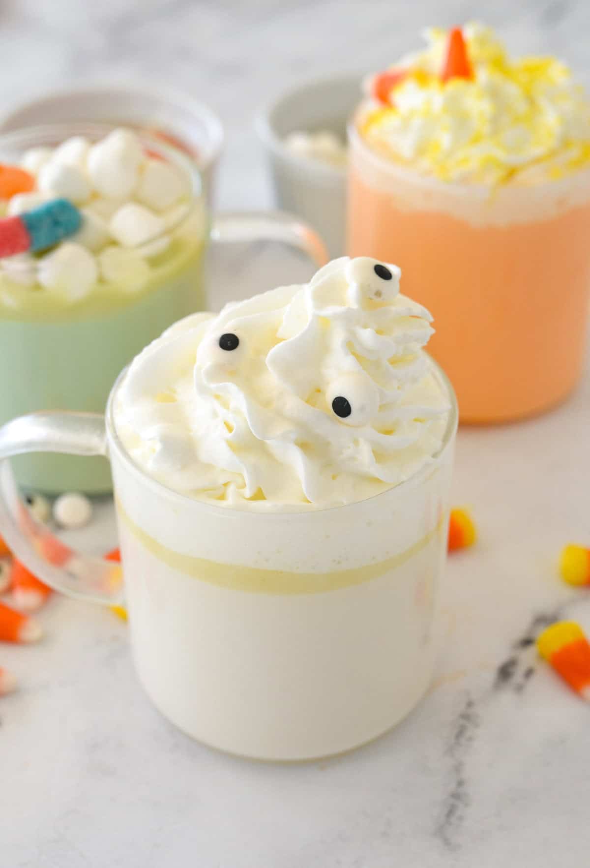 Halloween Hot Chocolate three mugs of halloween hot chocolate.