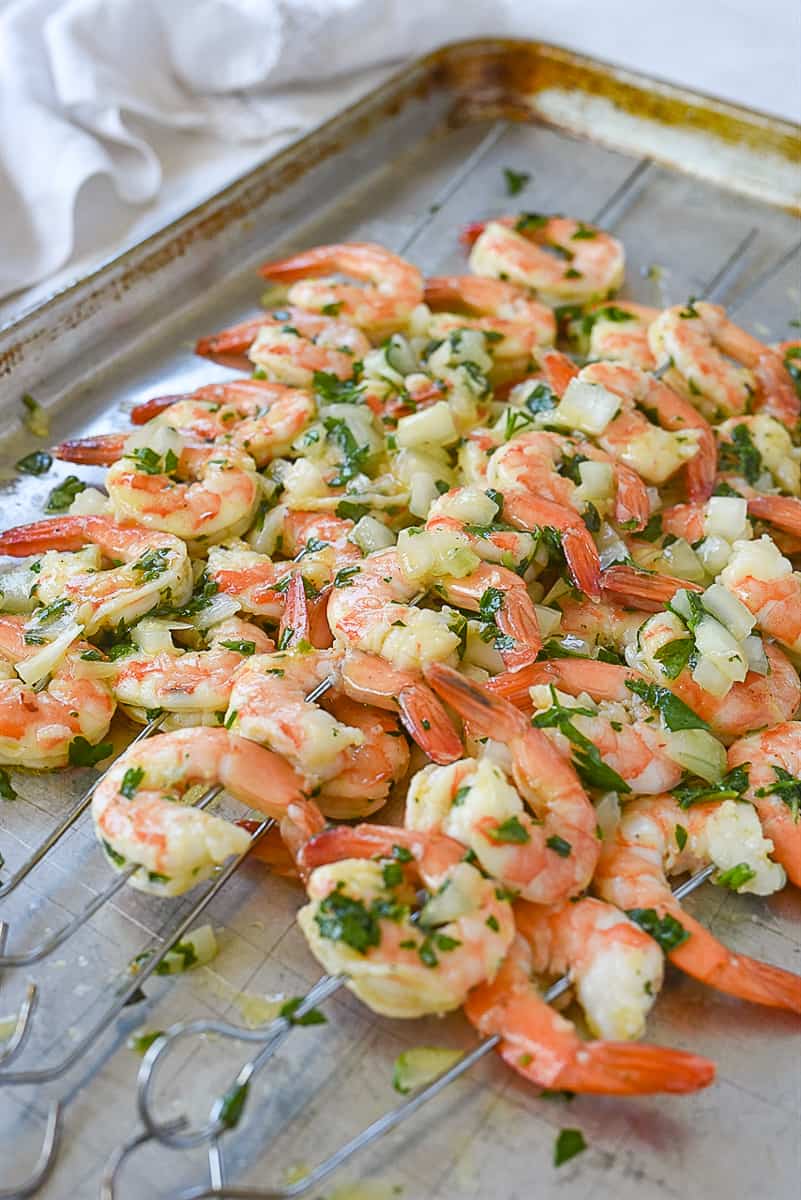 skewered shrimp on pan