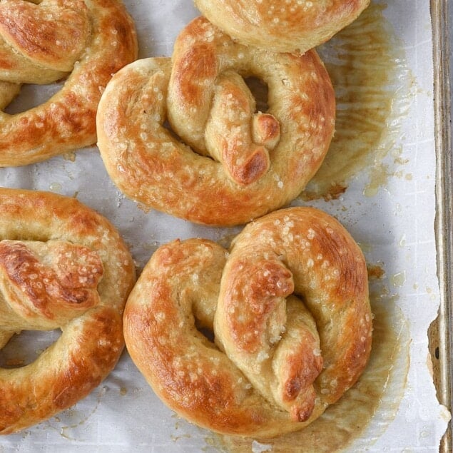 overhead shot of soft pretzels