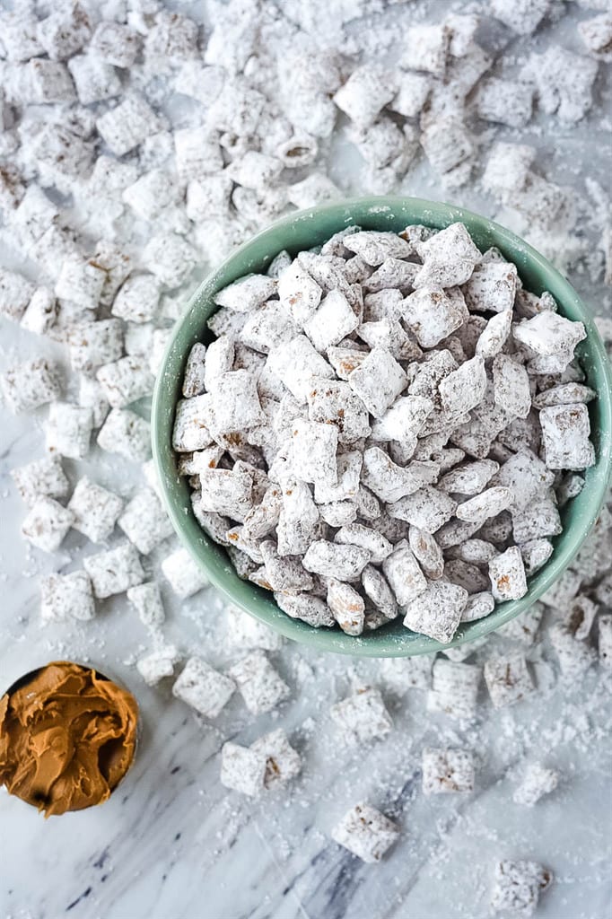 puppy chow overhead shot of a bowl of puppy chow