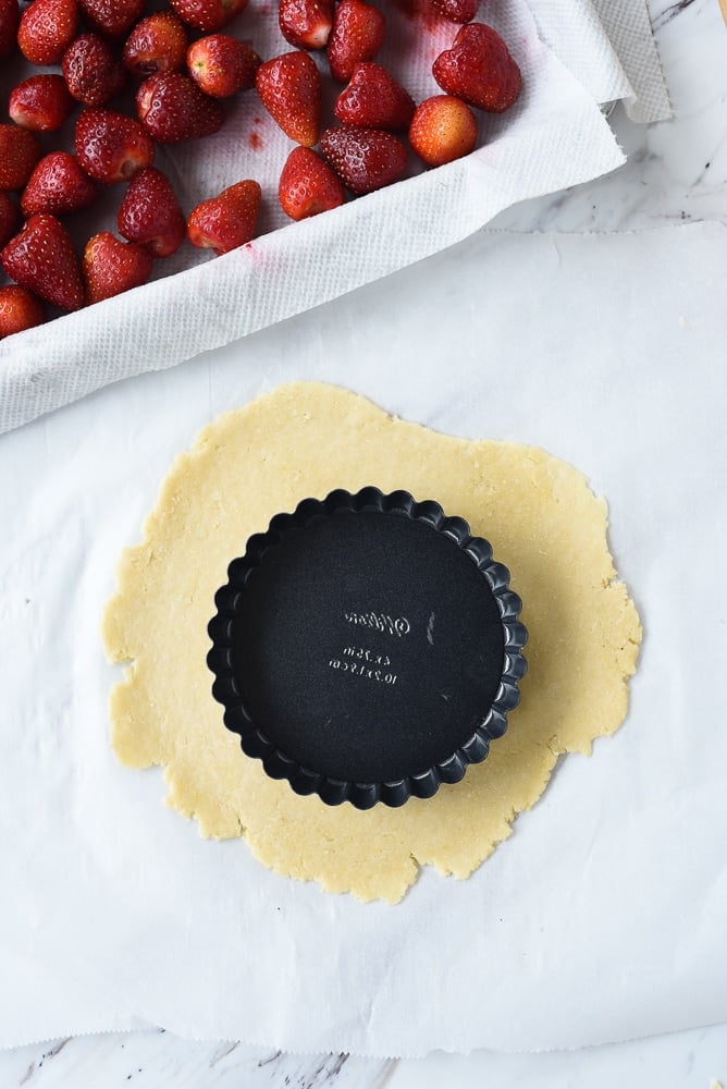 tart pan on top of pastry dough